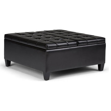 Square Storage Ottoman, PU Leather Upholstery & Tufted Split Top, Midnight Black