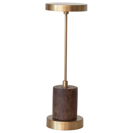 Metal and Mango Wood LED Table Lamp With Touch Sensor, Antique Brass Finish