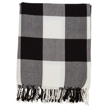 Rustic Buffalo Plaid 100% Cotton Throw Blanket with Hand-Knotted Fringe, Black