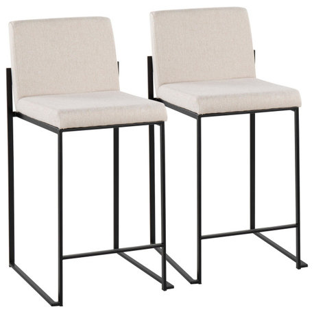 Fuji High Back Counter Stool, Set of 2, Black Steel, Beige Fabric