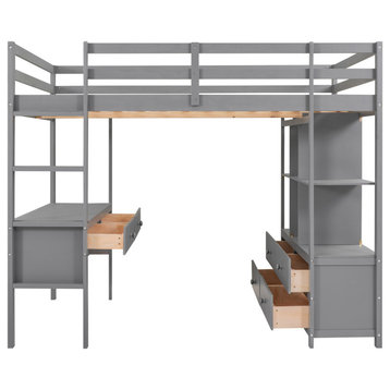 TATEUS Full Size Loft Bed with Built-in Desk and Storage Shelves,Gray\white, Gray