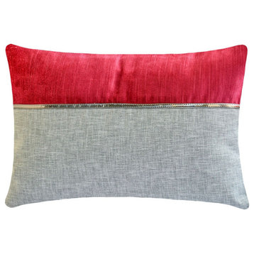 Luxury Red & Grey Linen 12"x18" Lumbar Pillow Cover Patchwork - Berry Bliss Red