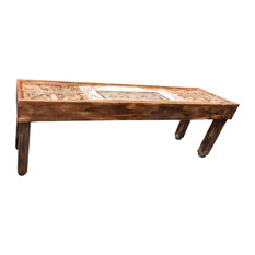 Mogul Interior - Antique Indian Tribal Haveli Patina Table Stone Center Extra Long Wooden Console - Console Tables