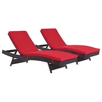 Modern Contemporary Outdoor Patio Chaise Lounge Chair, Set of 2, Red, Rattan