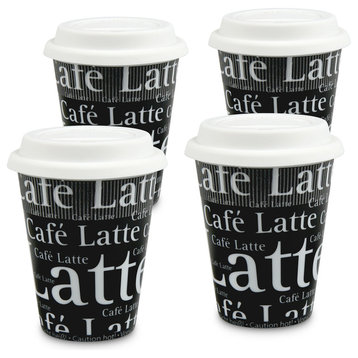 Set of 4 cafe Latte Writing on black Travel Mugs