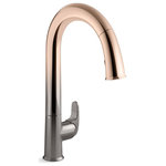 Kohler - Kohler Sensate Touchless Faucet PullDown Spout 2-Function, Titanium/Rose Gold - Take touchless to a whole new level of convenience. The Sensate touchless faucet frees your hands so you can speed through cooking and cleanup tasks while enjoying a cleaner, more hygienic kitchen environment. Sensate's intuitive Response(R) technology is in tune with your every move: a simple wave of your hand-or an object such as a pan or utensil-turns it on or off. The faucet's sensor is precision-designed to provide reliable operation every time and to prevent false activations when you're working in the sink area. Sweep(R) spray creates a wide, forceful blade of water for superior cleaning. Kohler's new docking system, DockNetik, secures the pull-down sprayhead to the spout using magnetic force.