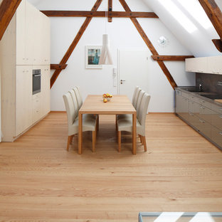 ハノーファーの広いコンテンポラリースタイルのLDKの画像 (淡色無垢フローリング、白い壁)