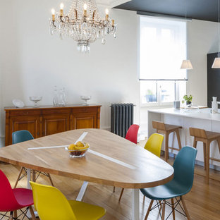 グルノーブルの広いトランジショナルスタイルのLDKの画像 (白い壁、淡色無垢フローリング、標準型暖炉、ベージュの床)