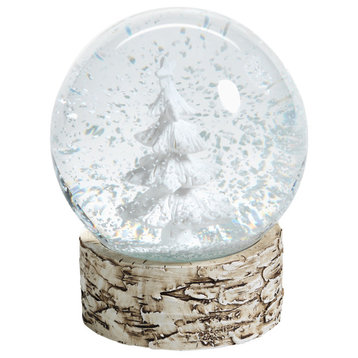 4" Tall Large Snow Globe on Birch, Tree Sculpture, White and Beige, Set of 2
