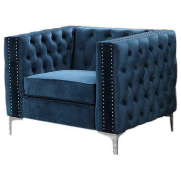 Aineias 38" Tufted Velvet Accent Chair, Blue