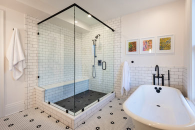 Inspiration for a mid-sized timeless master white tile and subway tile ceramic tile, white floor and double-sink bathroom remodel in Richmond with flat-panel cabinets, light wood cabinets, white walls, quartz countertops, a hinged shower door, white countertops and a floating vanity
