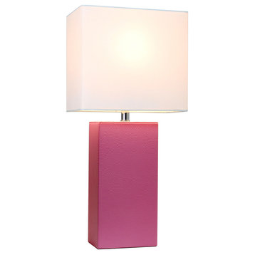 Elegant Designs Modern Leather Table Lamp With White Fabric Shade, Hot Pink
