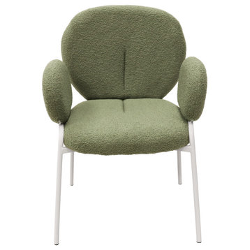Celestial Boucle Dining Chairs With Arms, White Iron Legs, Green