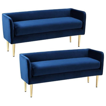 Home Square 2 Piece Contemporary Velvet Bench Set in Navy Blue