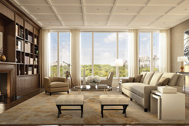 Living room - large contemporary carpeted living room idea in New York with beige walls and a wood fireplace surround