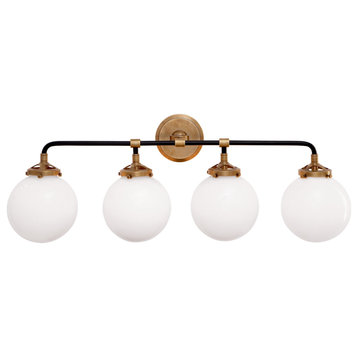Bistro Four Light Bath Sconce in Hand-Rubbed Antique Brass and Black with White