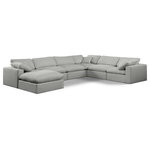 Meridian Furniture - Comfy Upholstered U-Shaped Modular Sectional, Grey, 7-Piece: 3 Armless Chair, 3 Corner Chair, 1 Ottoman, Linen Textured Fabric - Give your space a whole new look with this grey Comfy linen textured fabric sectional. This handsome sectional fits nicely with other items in the Comfy collection and is a versatile seating option designed for adaptability, comfort and style. Wrapped in rich grey durable linen textured fabric upholstery, this sectional offers a plush embrace of overstuffed down feather cushions, carefully crafted to deliver the highest level of comfort. The perfect seat for creating an oasis for relaxation, this sectional has thick foam surrounding its frame for added support and coziness.