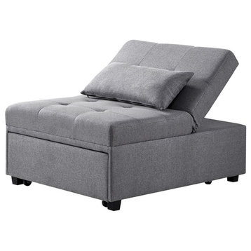Linon Boone Upholstered Tufted Convertible Chair to Sofa Bed with Pillow in Gray