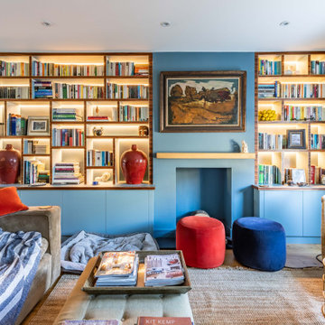 Eclectic Contemporary Living Room with Bespoke Blue Built-Ins | Cheltenham