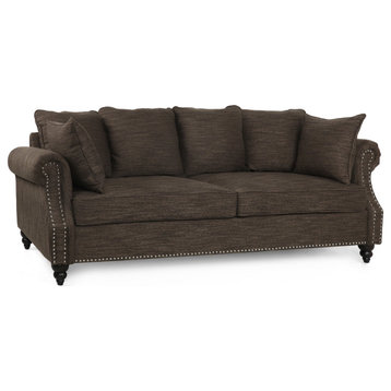 Contemporary Sofa, Pillowed Back & Unique Rolled Arms With Nailhead, Brown