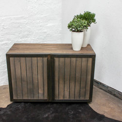 Louisa Reclaimed Scaffolding Board Media Unit with Slatted Wood and Steel Doors - Storage Cabinets