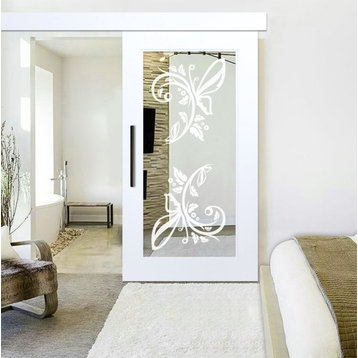 Mirrored Sliding Barn Door with Mirror Insert + Frosted Design, 1x Mirror, 32"x84"inches