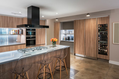 Urban concrete floor and gray floor kitchen photo in New York with flat-panel cabinets, light wood cabinets, stainless steel countertops, metallic backsplash, paneled appliances and an island