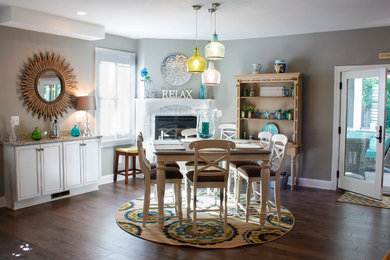 Mid-sized transitional dark wood floor great room photo in Baltimore with gray walls, a standard fireplace and a tile fireplace