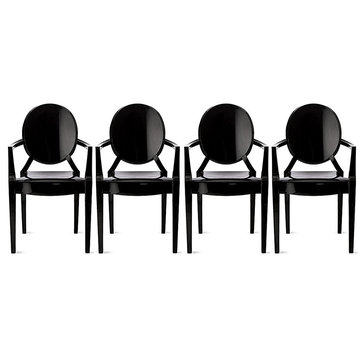 Designer Ghost Style Dining Chairs With Arms Armchairs With Back Set of 4, Black
