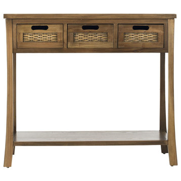 Contemporary Console Table, Elm Wood Construction With 3 Drawers, Oak