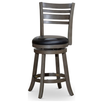 DTY Indoor Living Granby Slat Back Swivel Stool, 24" Counter Stool, Weathered Gray, Black Leather
