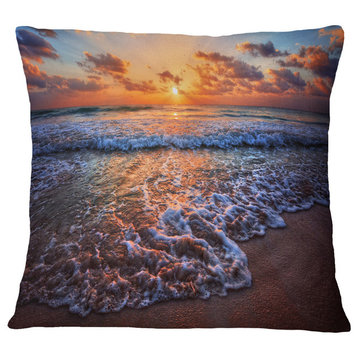Roaring Sea Wavers During Sunset Seashore Throw Pillow, 16"x16"