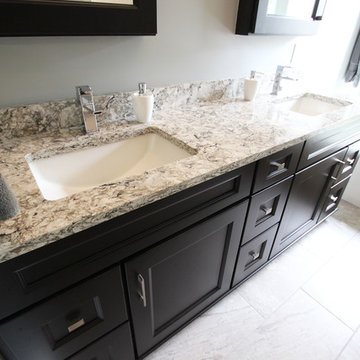 Cherry Onyx Vanity with Cambria Bellingham Countertops and Gray Tiled Shower