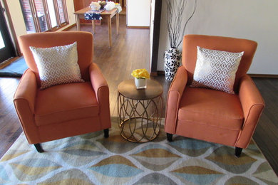 Living room - mid-sized transitional formal and open concept dark wood floor and brown floor living room idea in St Louis with white walls, no fireplace and no tv