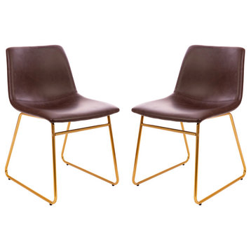 18" Dark Brown Dining Chairs, Faux Leather and Gold Frame, Set of 2