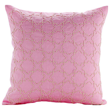 Jute Lattice Trellis Pink Shams, Cotton Linen 24"x24" Pillow Shams, Pink Italy
