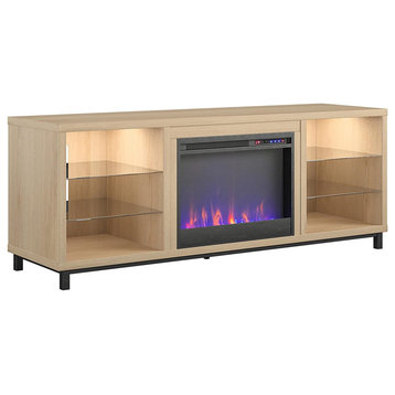 Elegant Modern TV Stand, 6 Open Glass Shelves and Center Fireplace, Blonde Oak