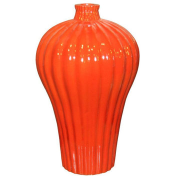 Vase Fluted Lidded Prunus Orange Crackle Colors May Vary Variable
