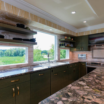 Modern Kitchen with Horizontal Grain Green Cabinets