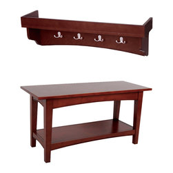 Bolton Furniture - Shaker Cottage Bench/Coat Hooks w/Tray, Cherry - Hall Trees