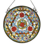 CHLOE Lighting - CHLOE-Lighting AMARYLLIS Floral Tiffany-glass Window Panel 24" Wide - AMARYLLIS, a Floral style stained glass window panel features 4 bright red roses evenly laid out amongst a variety of other vivid colors. This piece is hand crafted from over 395 pieces of hand cut, stained art glass, 60 color glass beads, and 12 glass crystals. Handcrafted using the same techniques that were developed by Louis Comfort Tiffany in the early 1900s, this beautiful Tiffany-style piece contains hand-cut pieces of stained glass, each wrapped in fine copper foil.