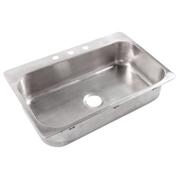 Angelico Stainless Steel 33" Single Bowl Drop-In Kitchen Sink with 3 Holes, Brushed Stainless Steel