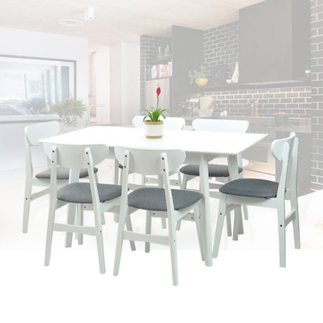 Dining Room Set of 6 Yumiko Chairs and Extendable Table Solid Wood w/Padded Seat, White