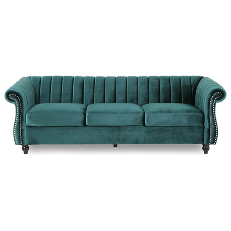 Olga Modern Glam Velvet 3 Seater Sofa, Teal, Dark Brown