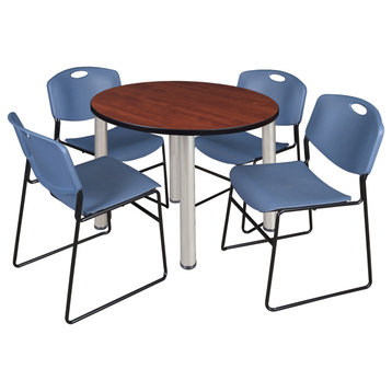 Kee 36" Round Breakroom Table- Cherry/ Chrome & 4 Zeng Stack Chairs- Blue
