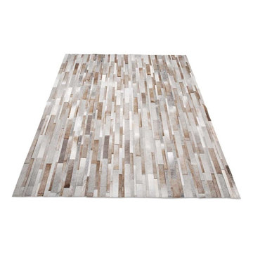 Patchwork Cowhide Rug Stripes Design in White, Gray and Beige