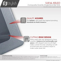 STYLISH 16"Dual Mount Single Bowl Gray Granite Kitchen Sink