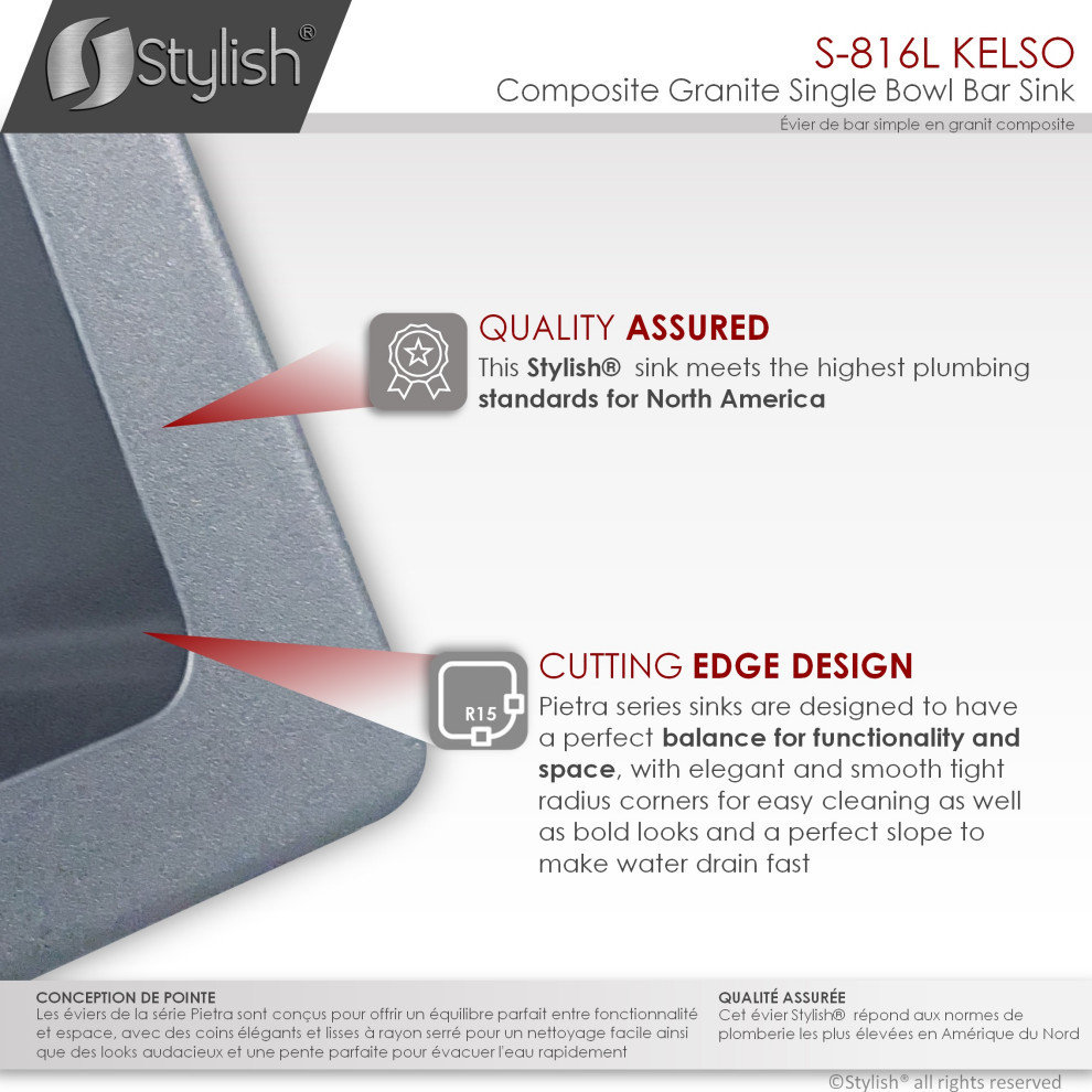 STYLISH 16"Dual Mount Single Bowl Gray Granite Kitchen Sink