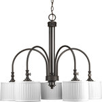 Progress Lighting - Progress Lighting Clayton 5-Light Espresso Chandelier White Pleated, Espresso - Five-light chandelier, finished in Espresso, is a traditionally rooted design where classic vintage styling meets minimalistic lines. Arching arms are terminated by retro-modern drum shades with linen fabric in a soft side pleat to provide warmth and texture. Functional turnkeys provide both a bit of utility and visual interest - allowing shades to be directed at your choosing. Six feet of 9 gauge chain is supplied for ceiling chain mount.