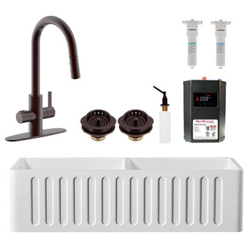 36" Double Bowl Solid Surface Reversible Sink and Instant Hot Faucet Kit, Oil Rubbed Bronze